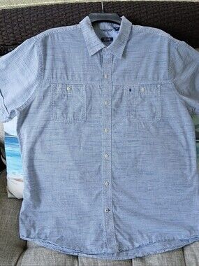 Izod Blue Cotton Summer Shirt Button Down White Woven Stripe Sz XL